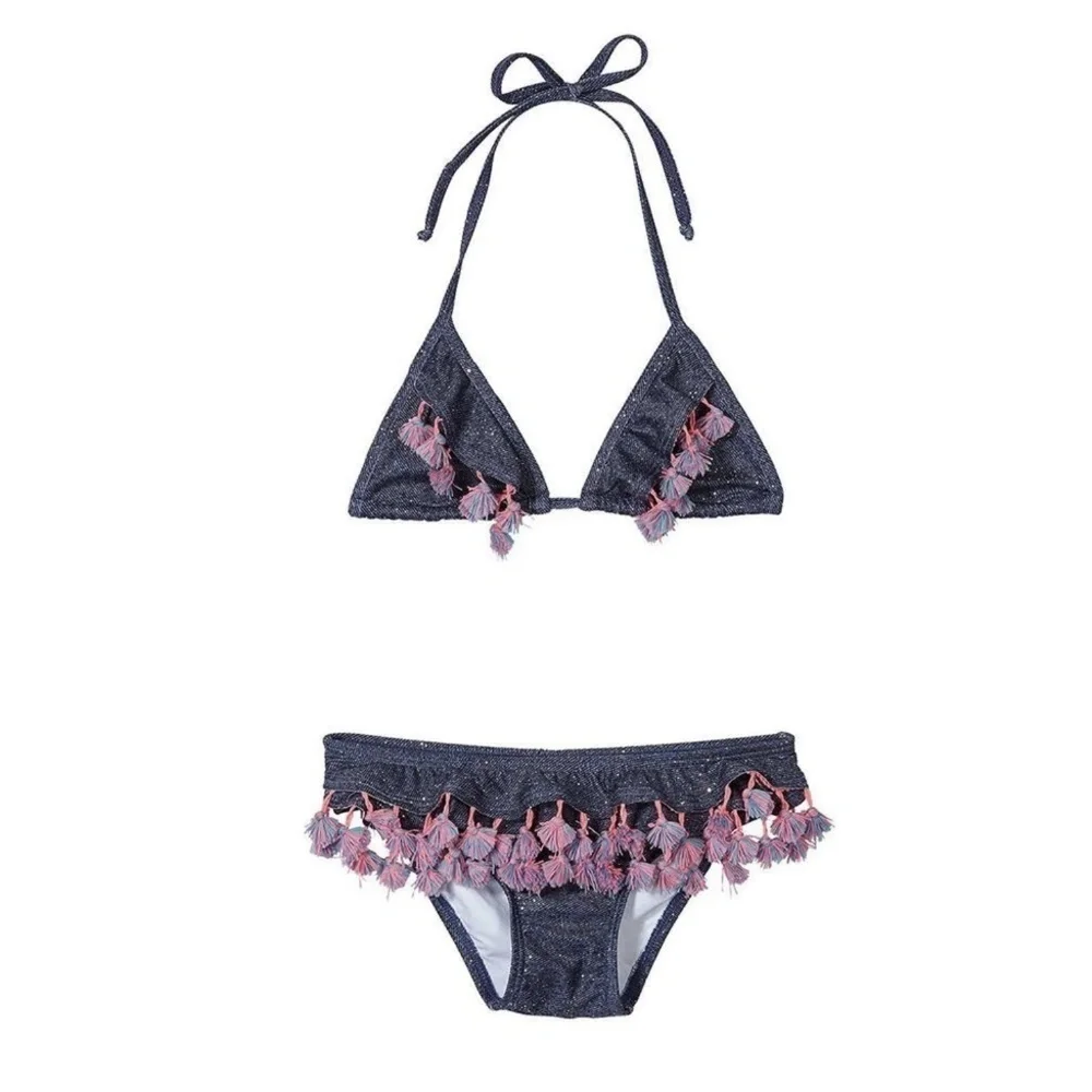 NWT PIlyQ Sparkle Denim Triangle Tassel Ruffle 2 Pc. Bikini Set